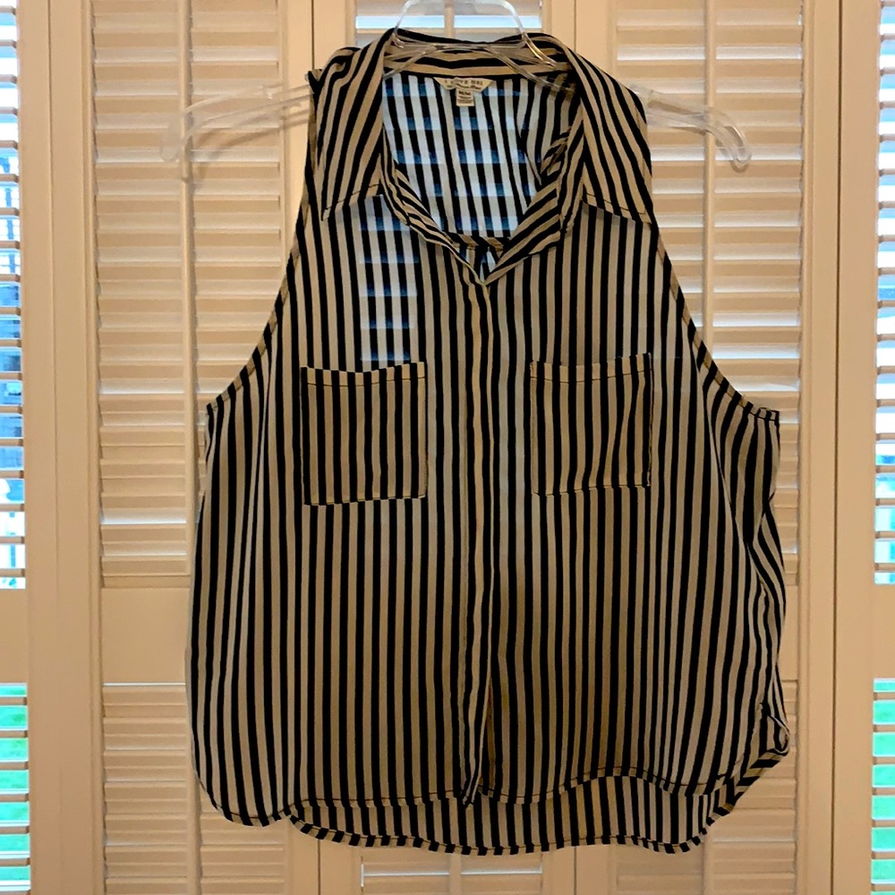 Black and tan striped button-down blouse